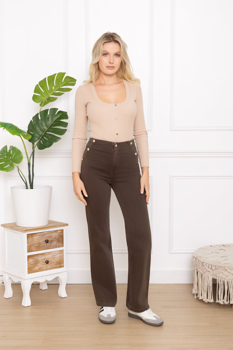 Chocolate Moka Brown Stretchy jeans with Edge Button Pocket details (6-14)
