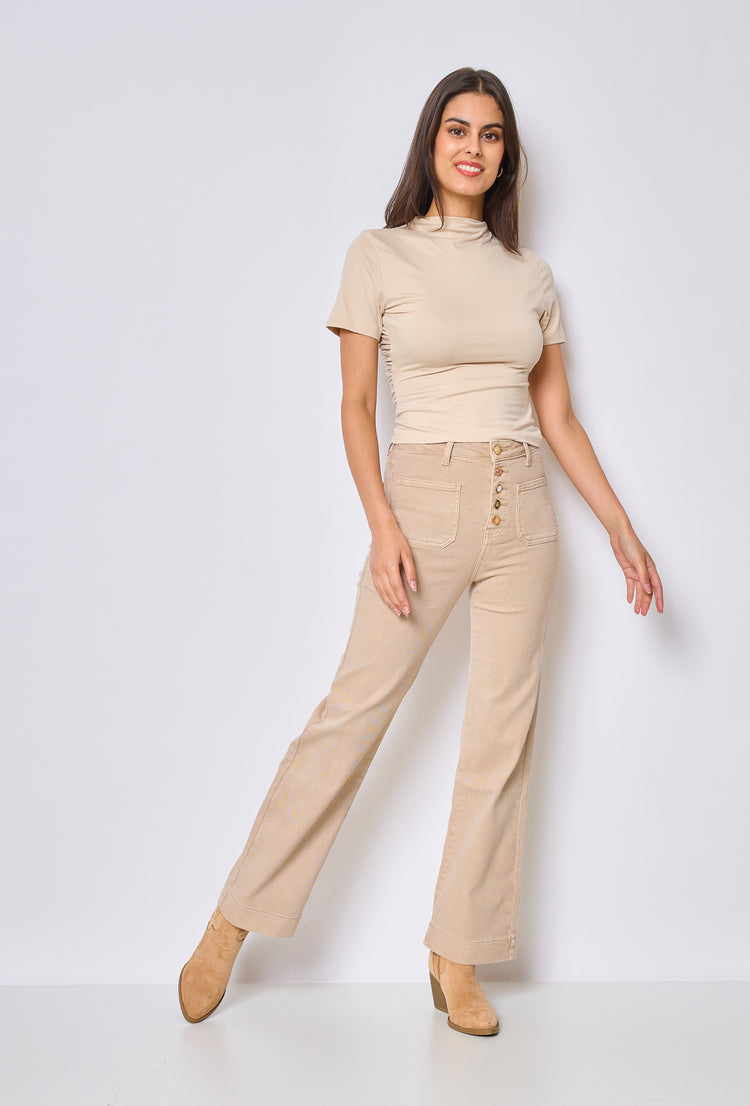 Front Pocket Full Button Detail Denim Cream Jeans