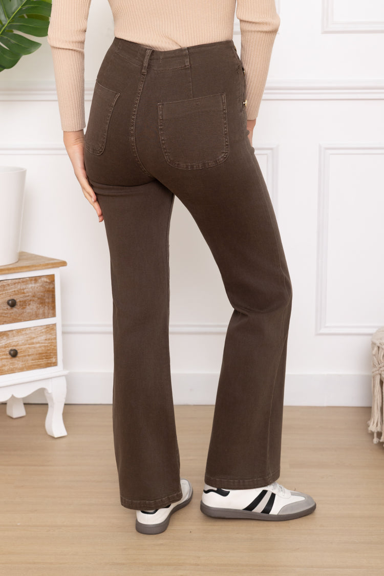 Chocolate Moka Brown Stretchy jeans with Edge Button Pocket details (6-14)