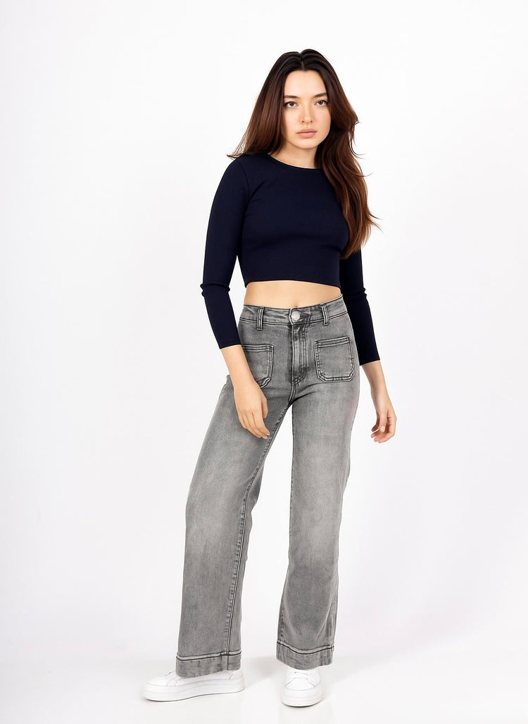 Square pocket details stretch wide leg jeans (8-18) Grey