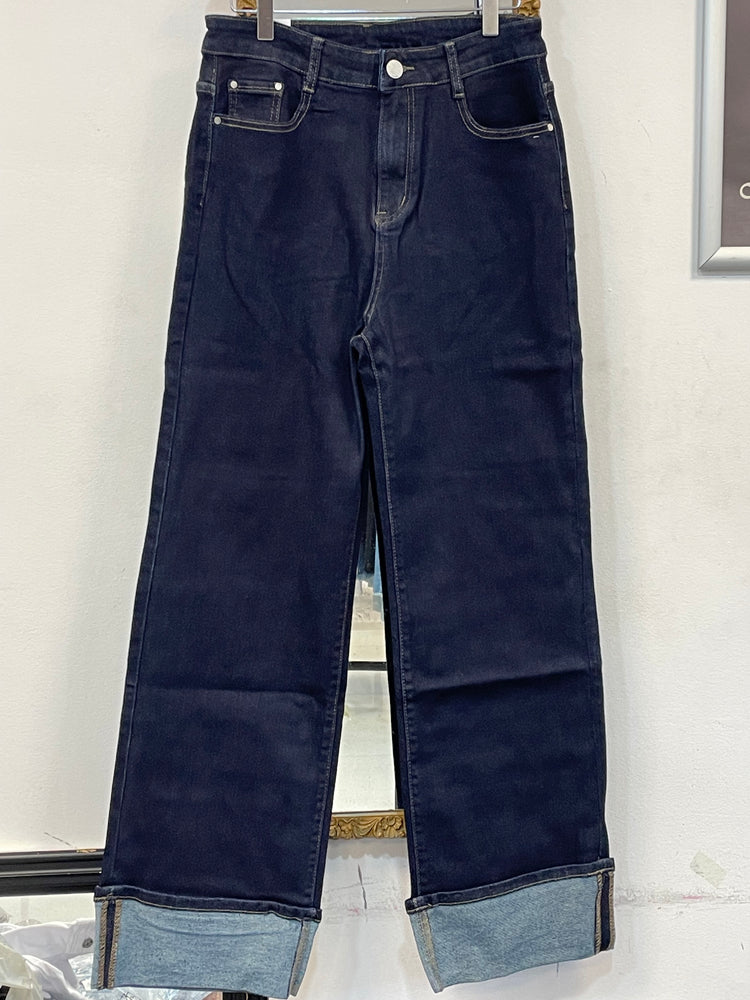 Dark Denim Raw Wash stretchy wide leg turn up Jeans (10-20)
