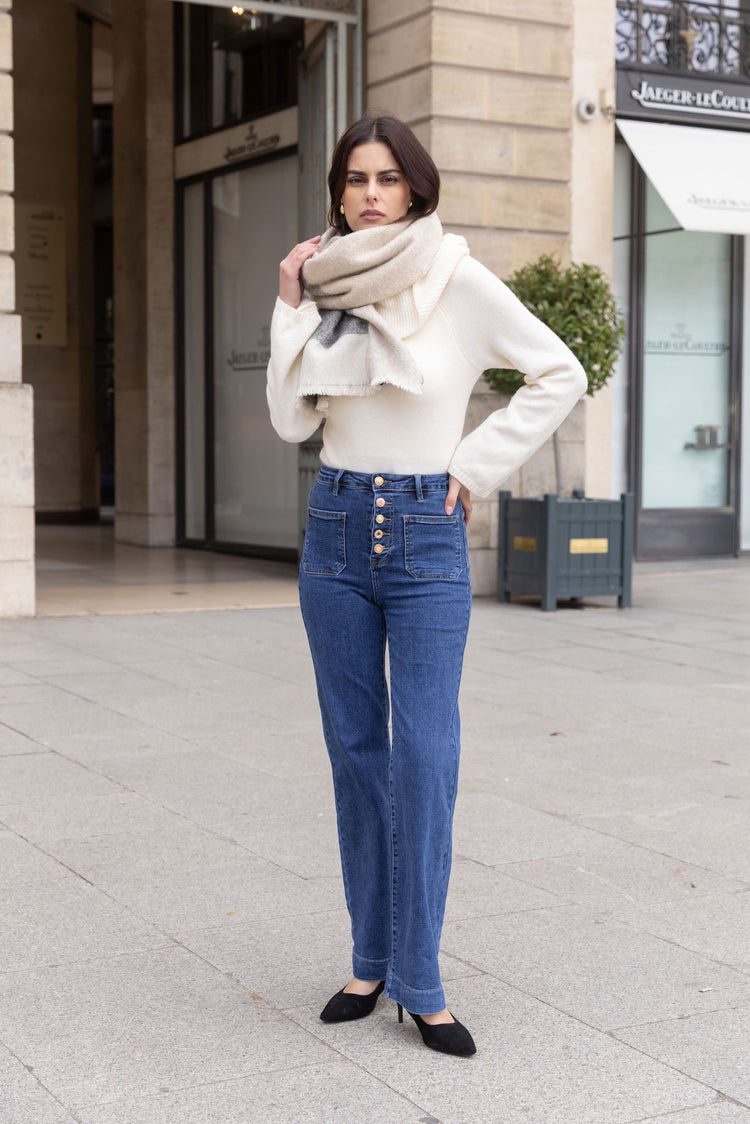 Dark Blue Stretchy front button with pocket detail wide leg jeans (6-14)