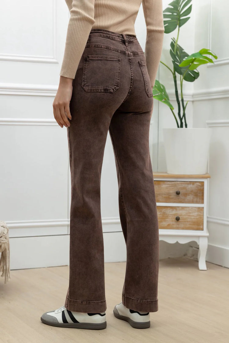 Chocolate Brown Flair Wide leg Jeans with Front Pocket Details 6-14