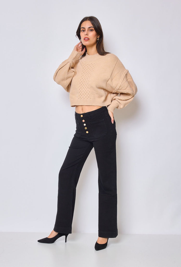 Black Stretchy front button with pocket detail wide leg jeans (6-14)