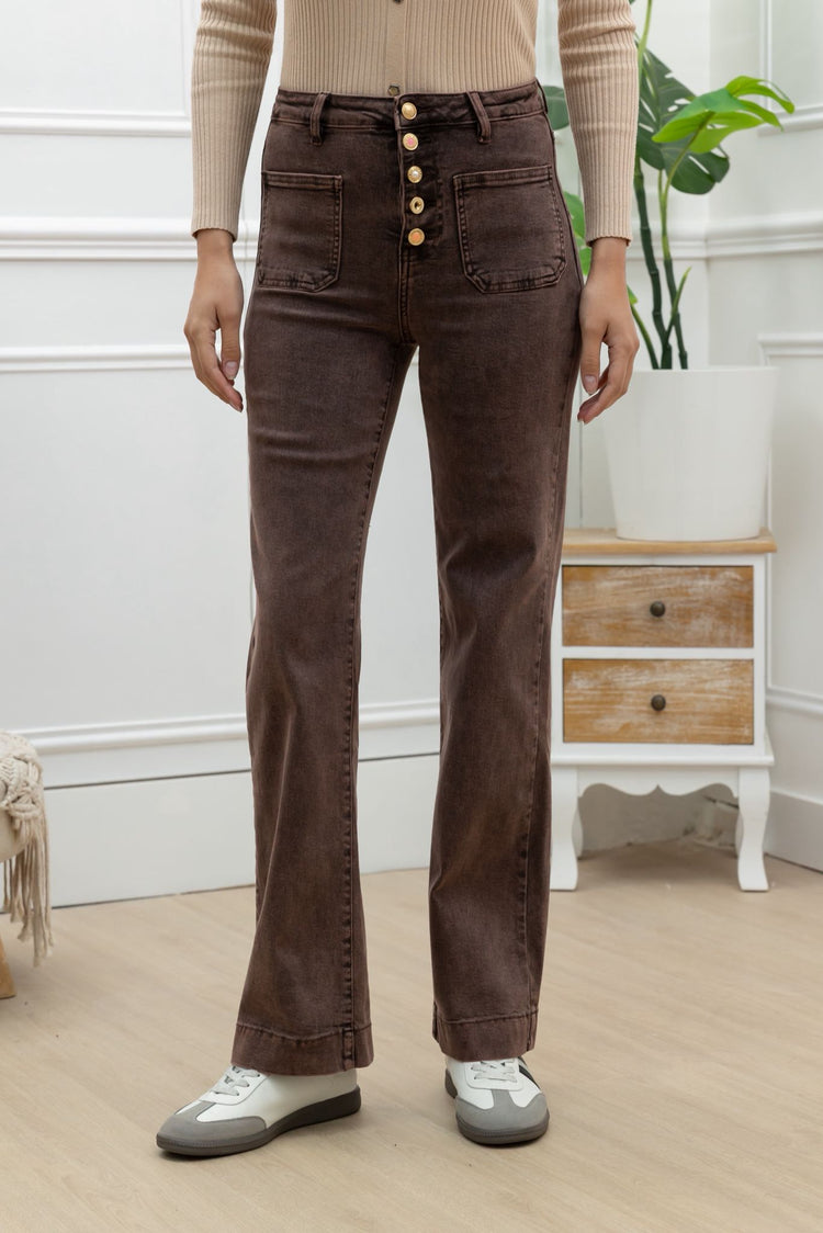 Chocolate Stretchy front button with pocket detail wide leg jeans (6-14)