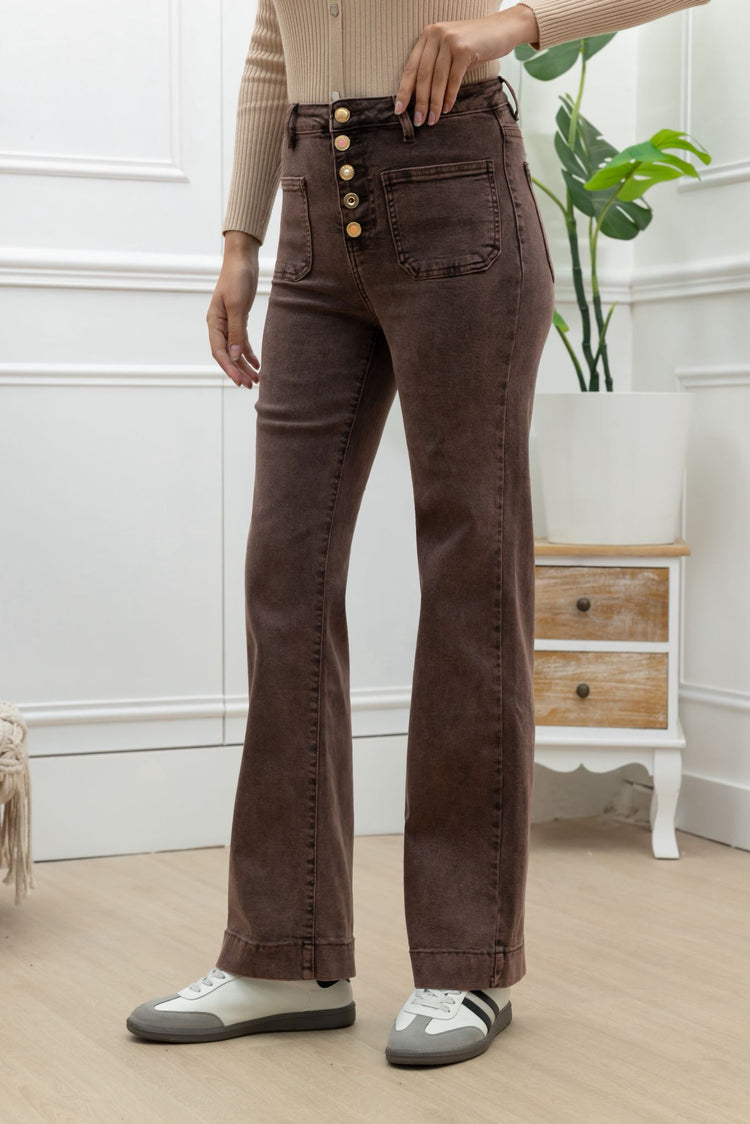 Chocolate Stretchy front button with pocket detail wide leg jeans (6-14)