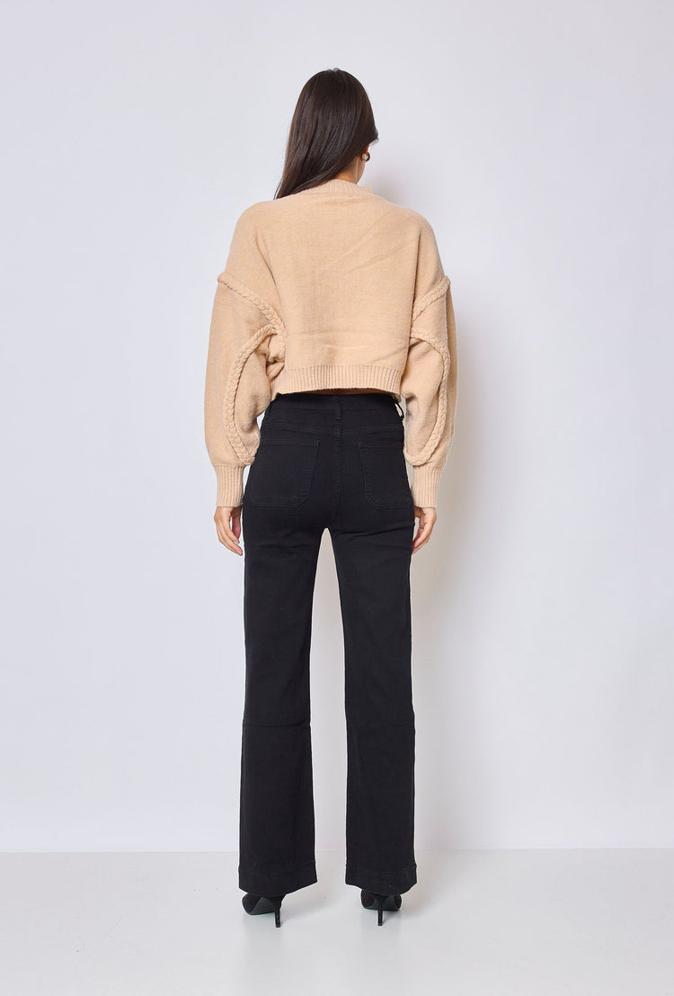 Black Stretchy front button with pocket detail wide leg jeans (6-14)
