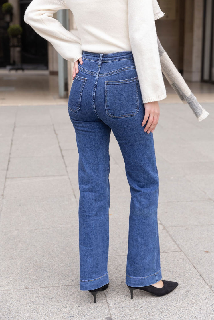 Dark Blue Stretchy front button with pocket detail wide leg jeans (6-14)