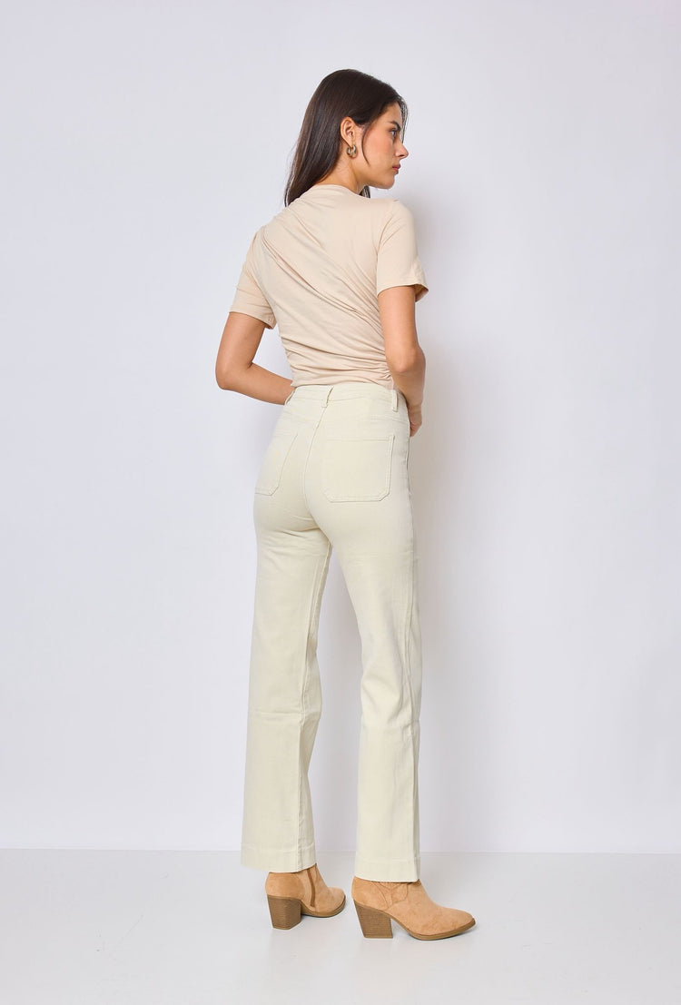 Beige Stretchy front button with pocket detail wide leg jeans (6-14)