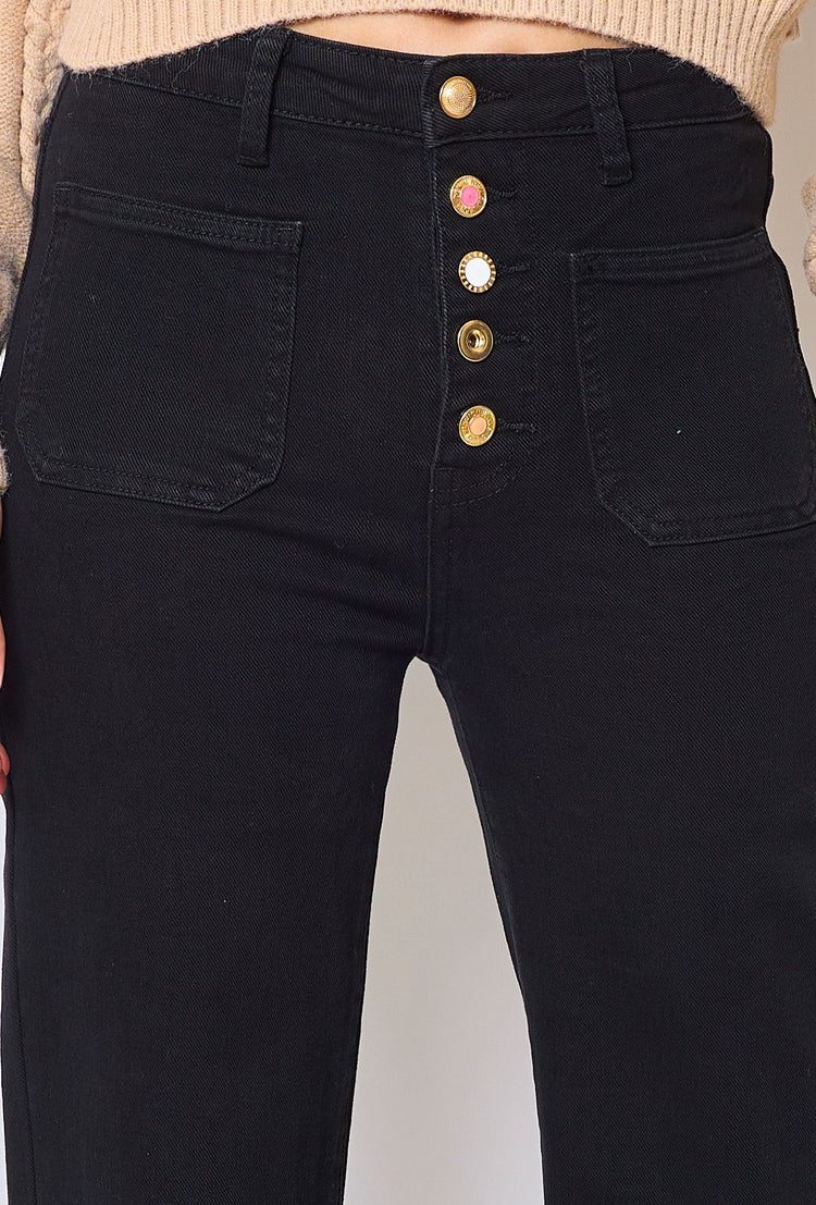 Black Stretchy front button with pocket detail wide leg jeans (6-14)