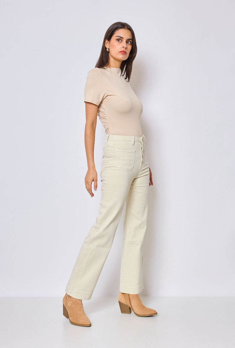 Beige Stretchy front button with pocket detail wide leg jeans (6-14)