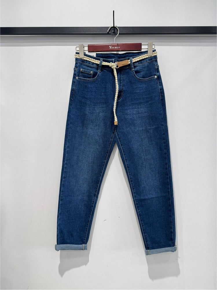 G Smack Stretchy Mom Fit Jeans with Belt