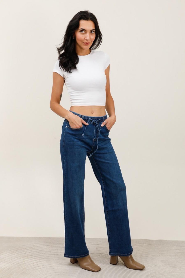 Draw string details wide leg stretch g smack jeans (10-20) Dark wash