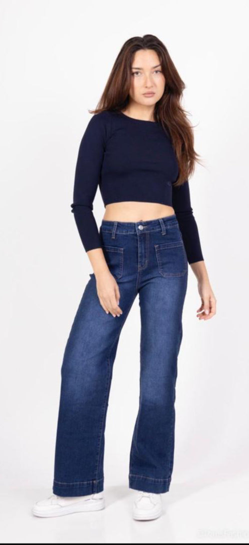 Square pocket details stretch wide leg jeans (8-18) Dark blue