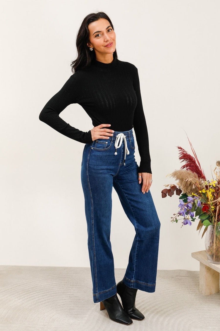 Drawstring Wide Leg Stretchy Denim jeans (8-18)
