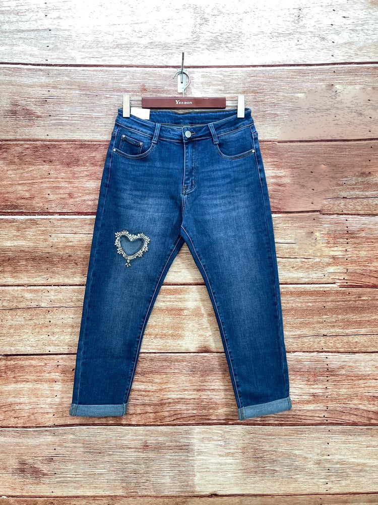 High-waisted Mega Stretch Blue Mom fit Jeans with Heart Details
