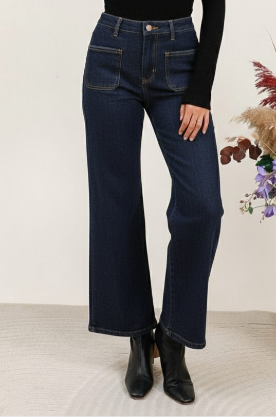 Dark Denim Stretchy front Pocket wide leg jeans (6-14)