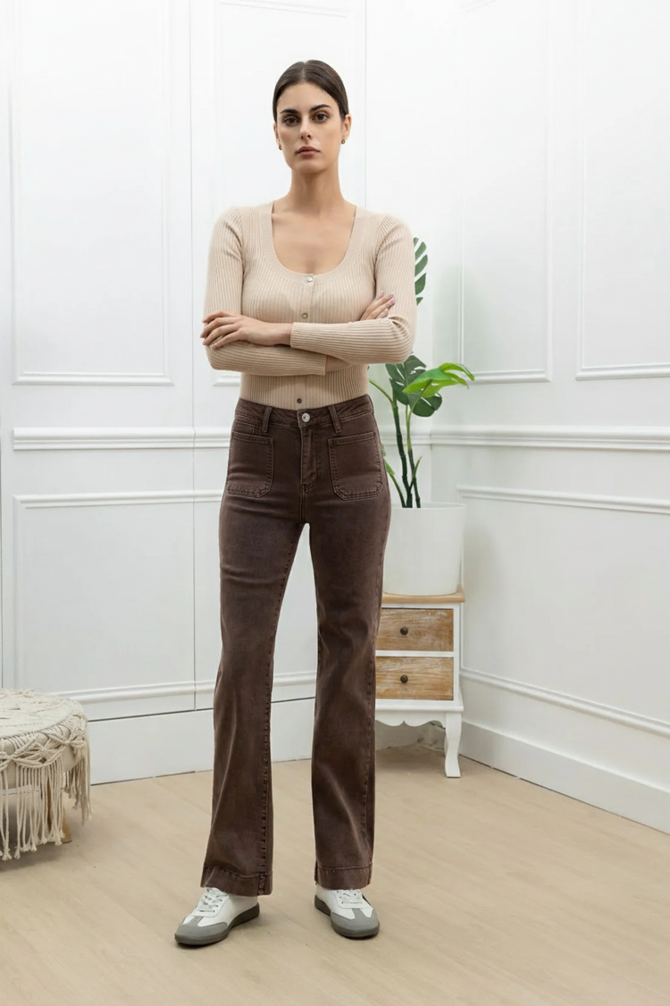 Chocolate Brown Flair Wide leg Jeans with Front Pocket Details 6-14