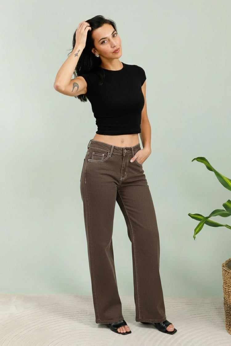 Chocolate brown white stitching detail jeans (6-14)