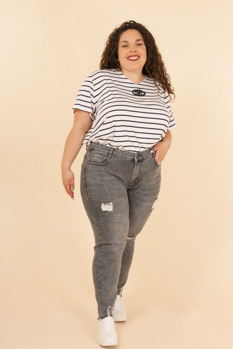 High Waisted Distressed Ripped Detail Grey Denim Jeans