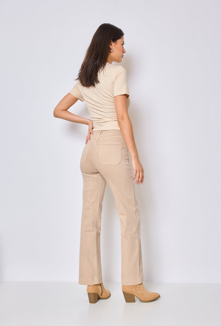 Front Pocket Full Button Detail Denim Cream Jeans