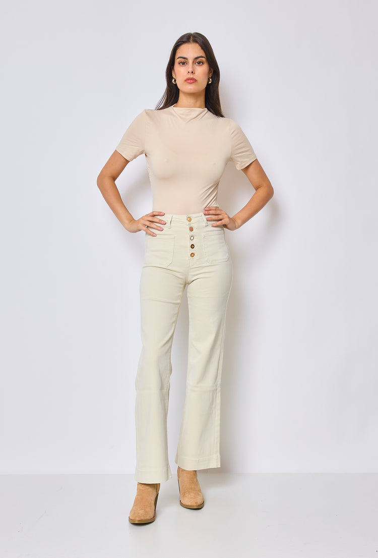 Front Pocket Full Button Detail Denim Beige Jeans