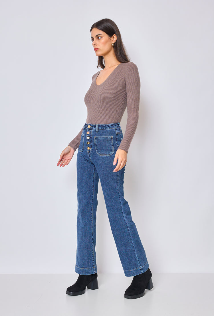 Front Pocket Full Button Detail Denim Blue Jeans