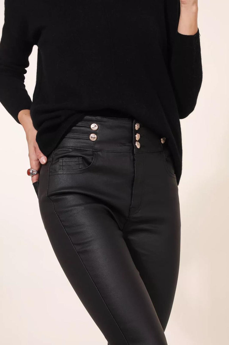 Black PU Coated Jeans with 2 front button details (10-22)