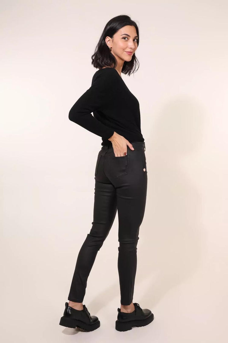 Black PU Coated Jeans with front button details (10-22)
