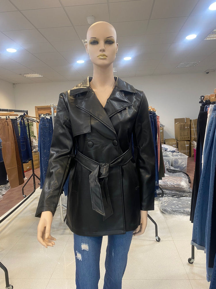 Black PU Mid-length leather jacket (10-16)