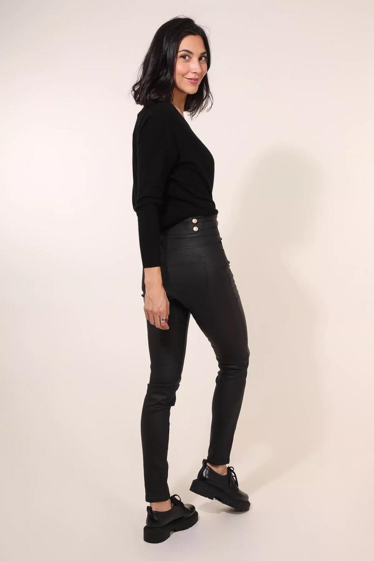 Black PU Coated Jeans with 2 front button details (10-22)