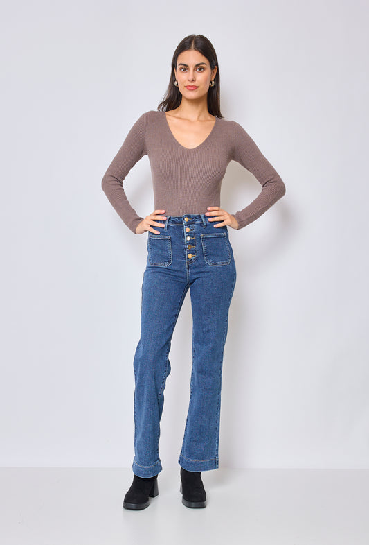 Front Pocket Full Button Detail Denim Blue Jeans