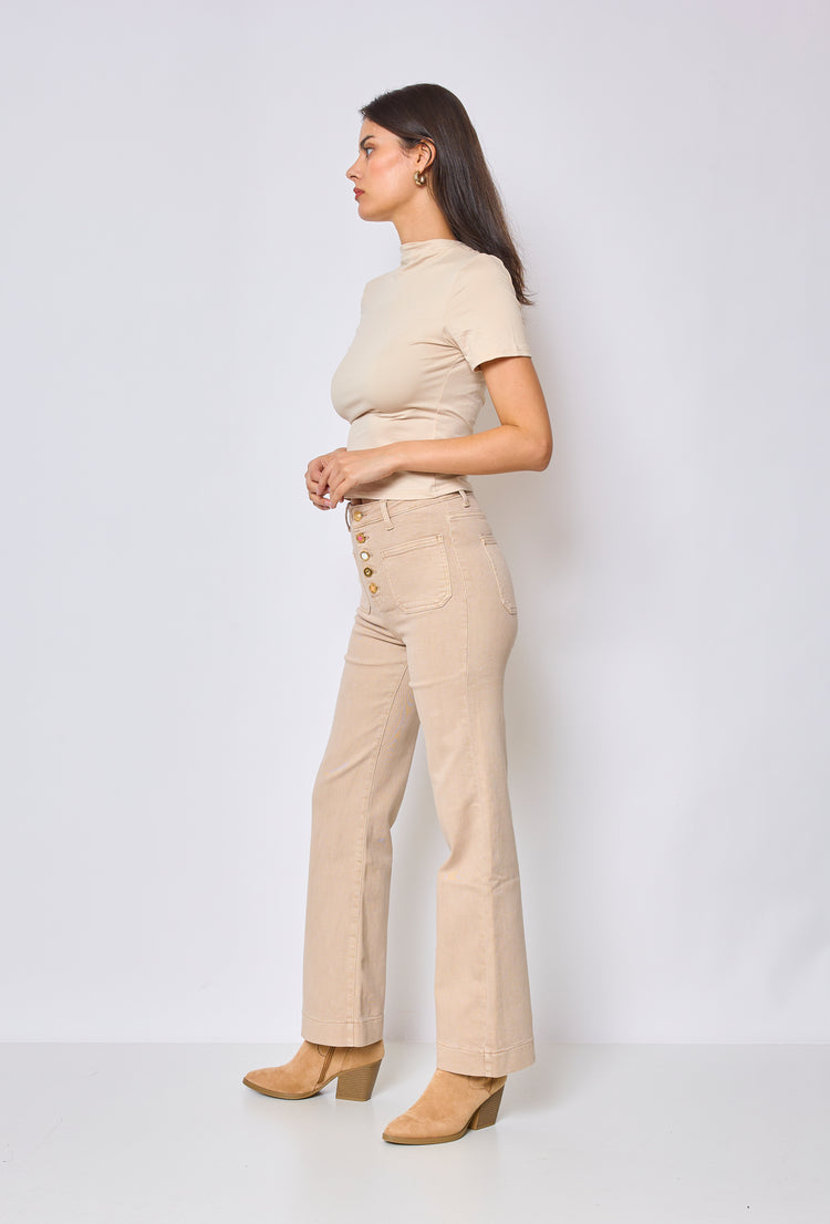 Front Pocket Full Button Detail Denim Cream Jeans