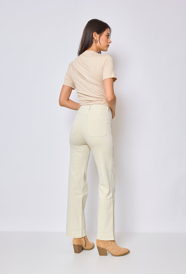 Front Pocket Full Button Detail Denim Beige Jeans