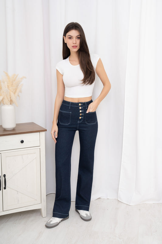 Front Pocket Full Button Detail Dark Denim Blue Jeans