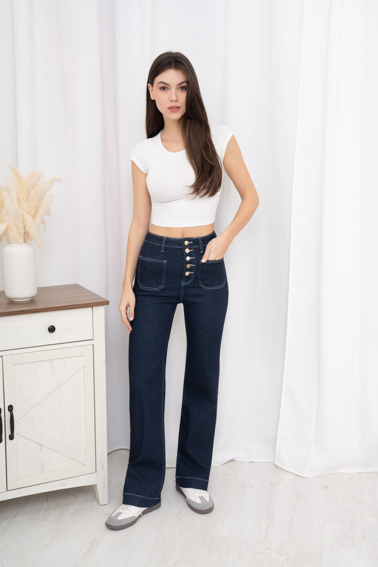 Front Pocket Full Button Detail Dark Denim Blue Jeans