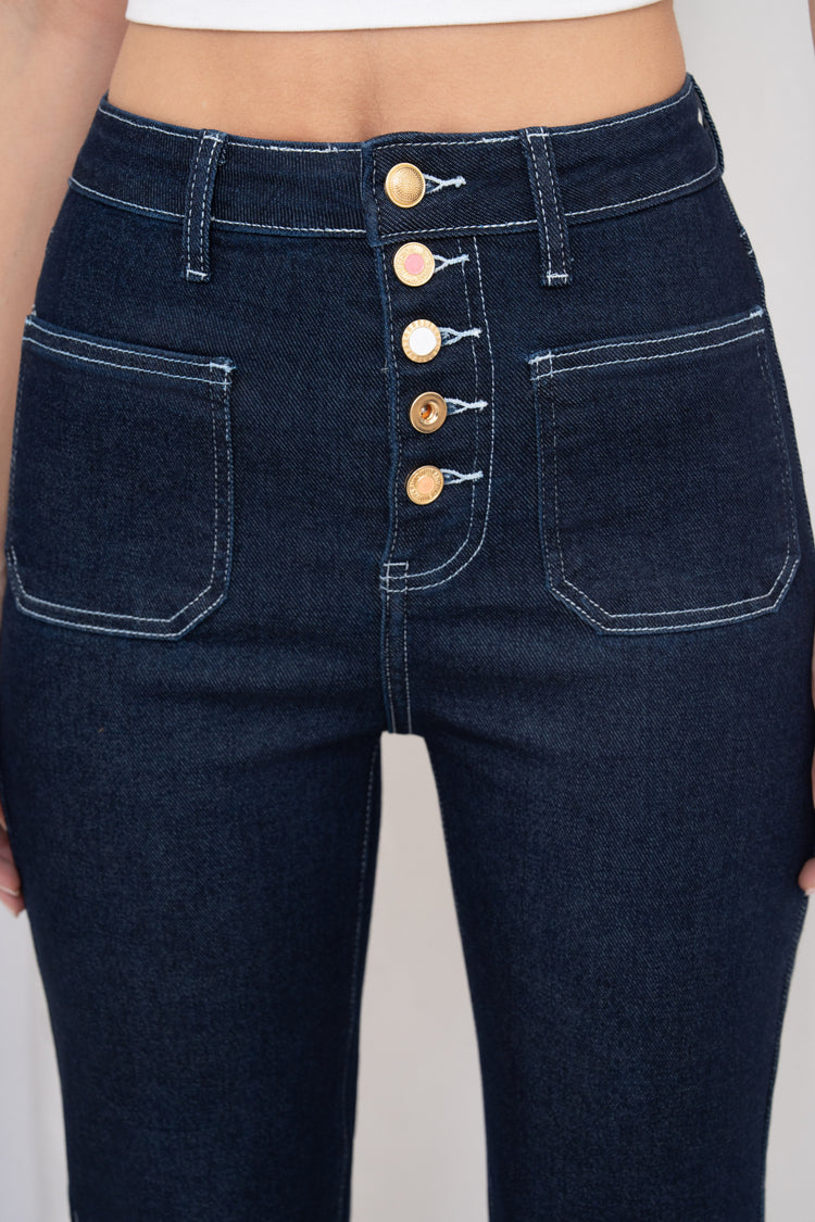 Front Pocket Full Button Detail Dark Denim Blue Jeans