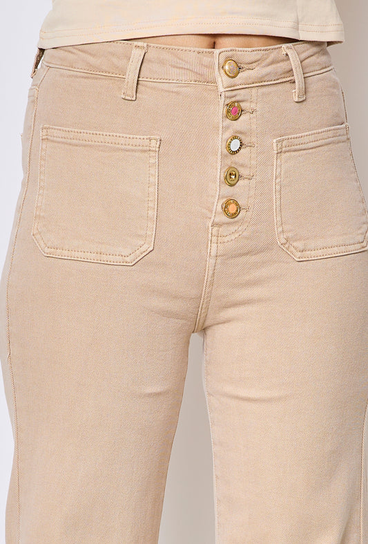 Front Pocket Full Button Detail Denim Cream Jeans