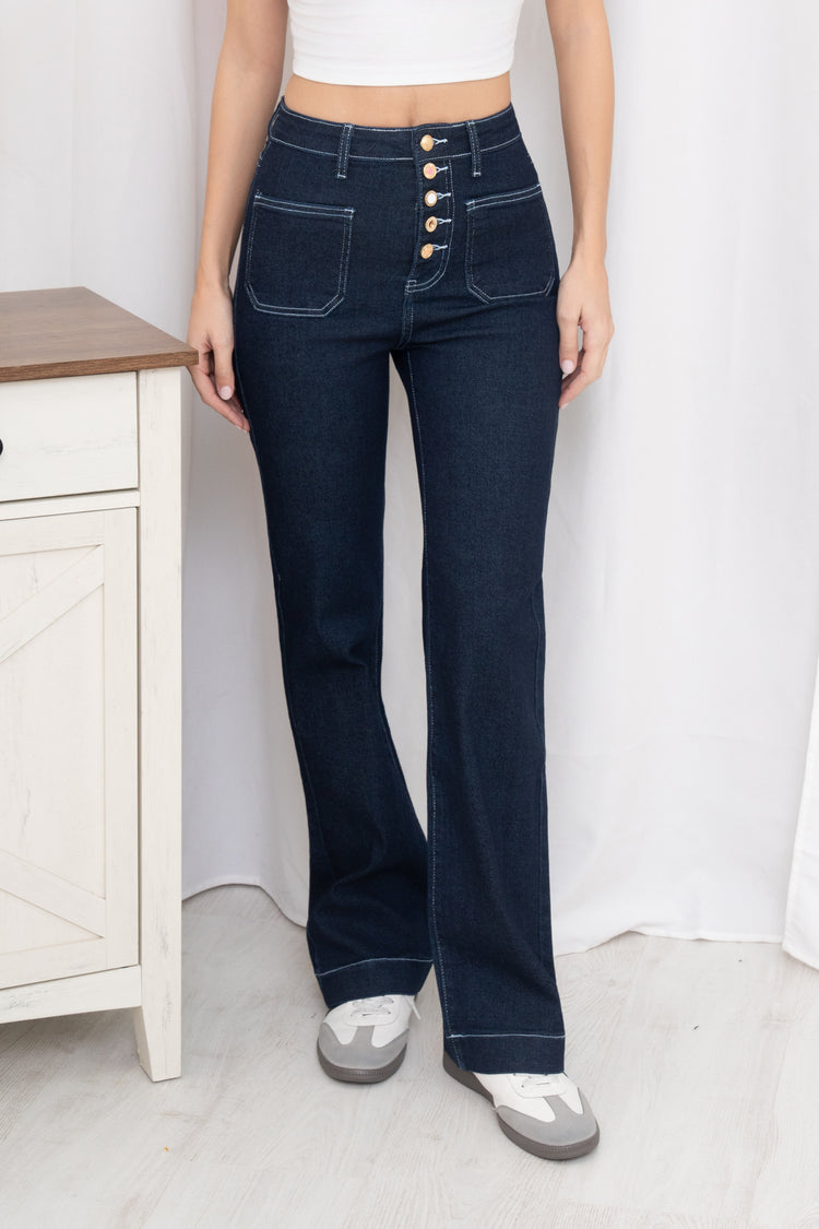 Front Pocket Full Button Detail Dark Denim Blue Jeans