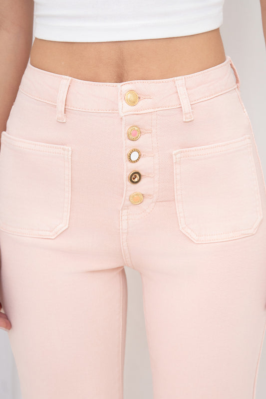 Front Pocket Full Button Detail Denim Pink Jeans