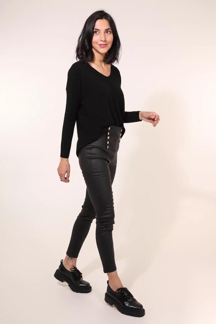 Black PU Coated Jeans with 5 front button details (10-22)