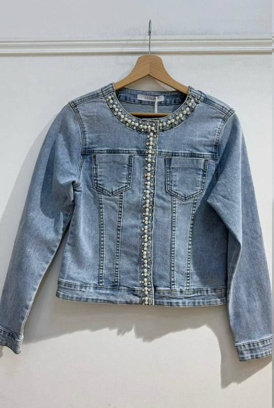 Pearl & Crystal Embellished Stretchy Light Wash Jacket