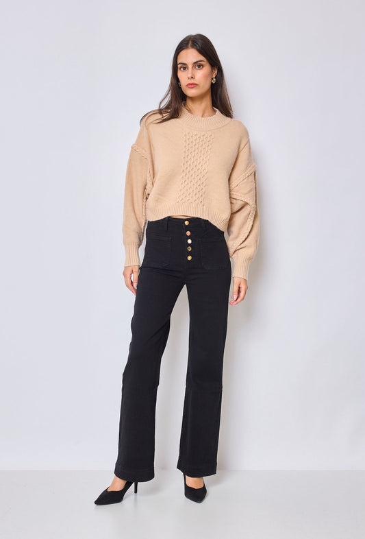 Black Stretchy front button with pocket detail wide leg jeans (6-14)