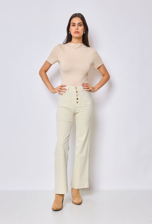 Beige Stretchy front button with pocket detail wide leg jeans (6-14)