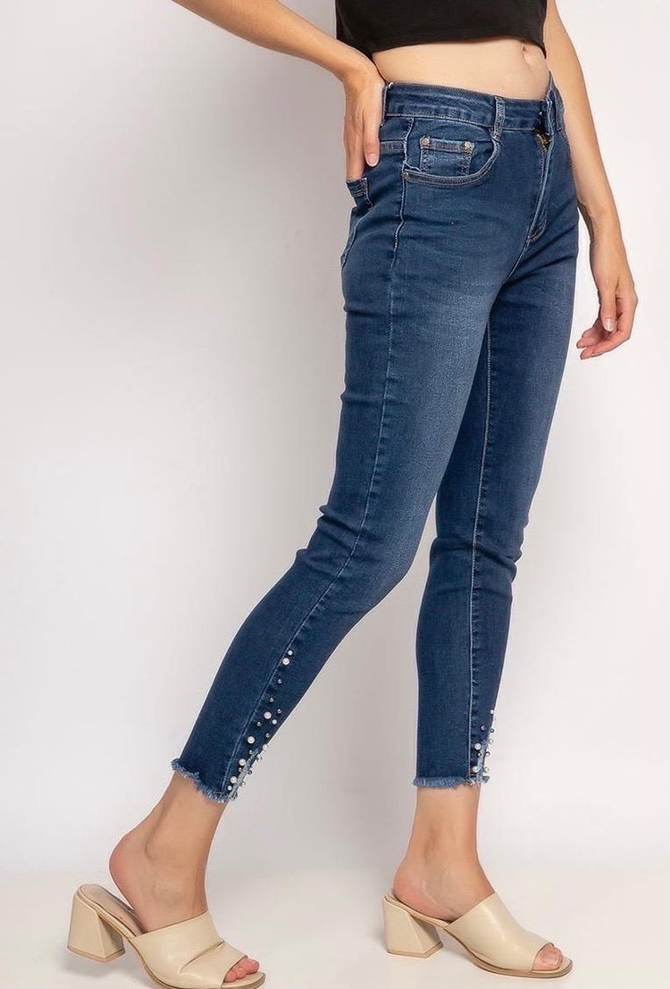High-waisted Mega Stretch Denim Skinny Jeans with Pearl Details