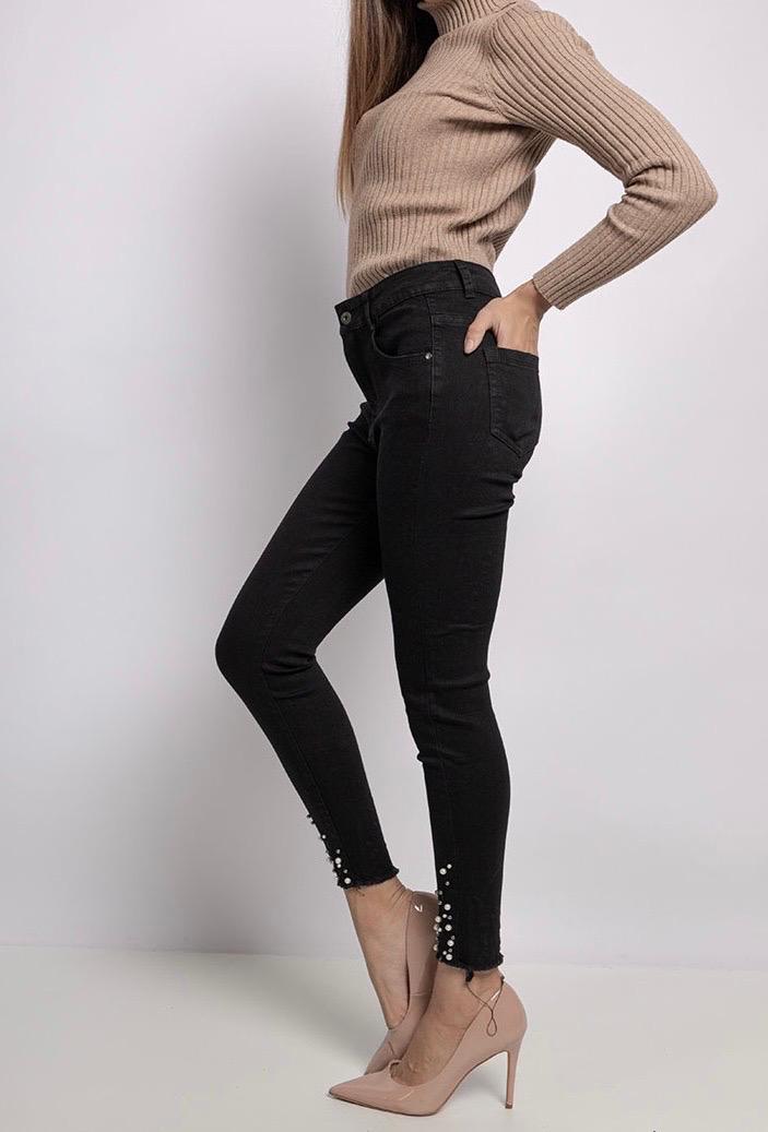 High-waisted Mega Stretch Black Skinny Jeans with Pearl Details
