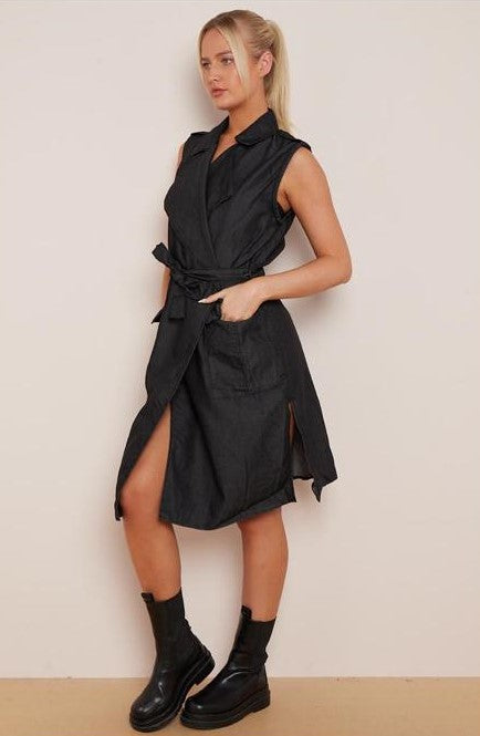 Black Trench coat sleeve less wrap over (Sizes 8 to 16)