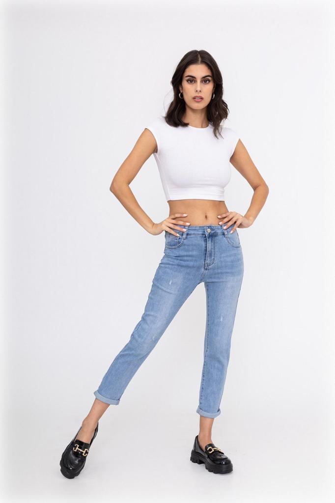 Stretchy slightly distressed high waisted mom jeans