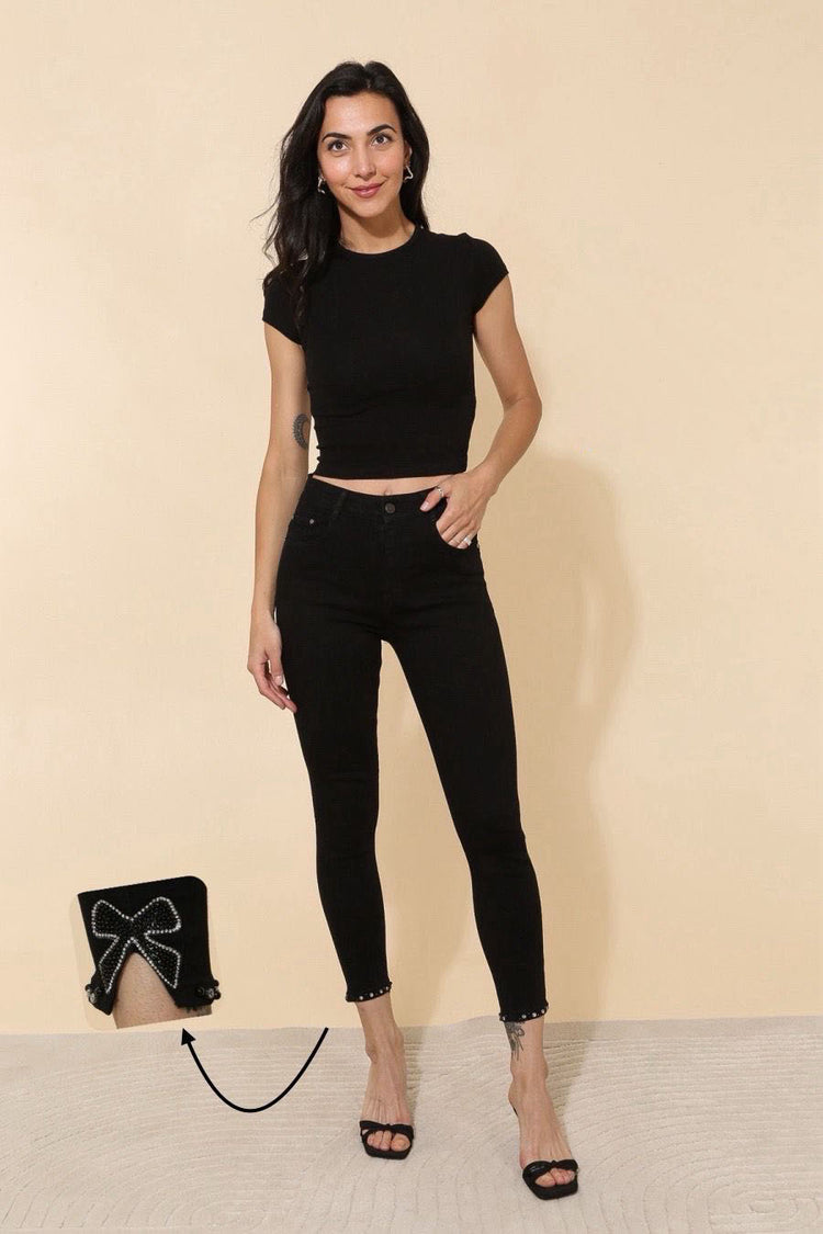 Pearl bow details Black skinny jeans 10 - 22