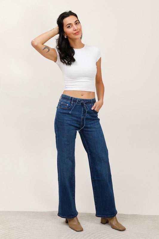 Draw string details wide leg stretch g smack jeans (10-20) Dark wash